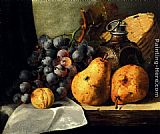 Pears, Grapes, A Greengage, Plums A Stoneware Flask And A Wicker Basket On A Wooden Ledge by Edward Ladell